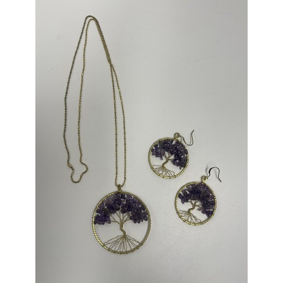Tree Of Life Gold Tone Amethyst Pendant  Necklace & Matching Earrings New - Picture 4 of 9